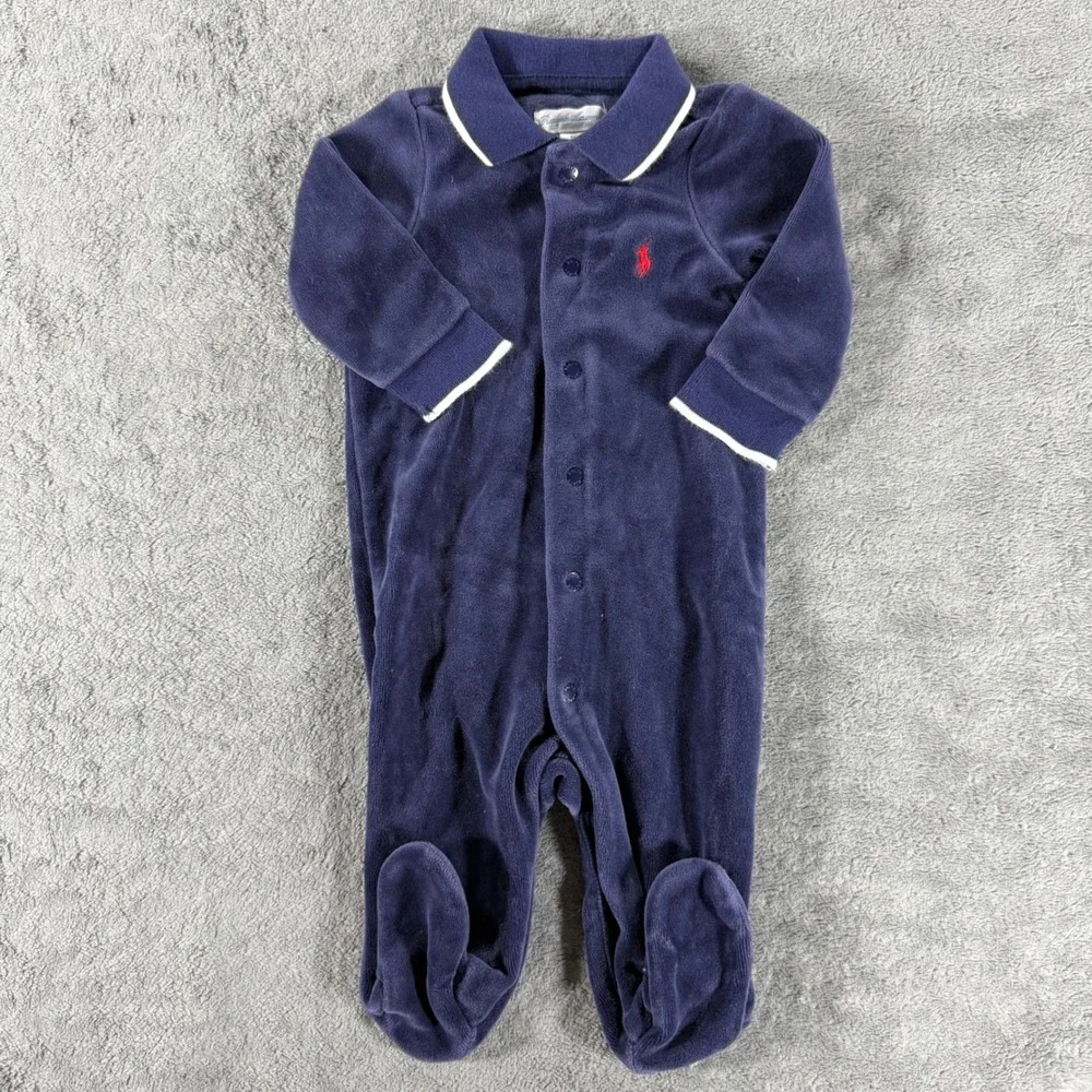 Ralph Lauren Footed Coverall Baby 3M Navy Blue Excellent Velour Button Red Pony